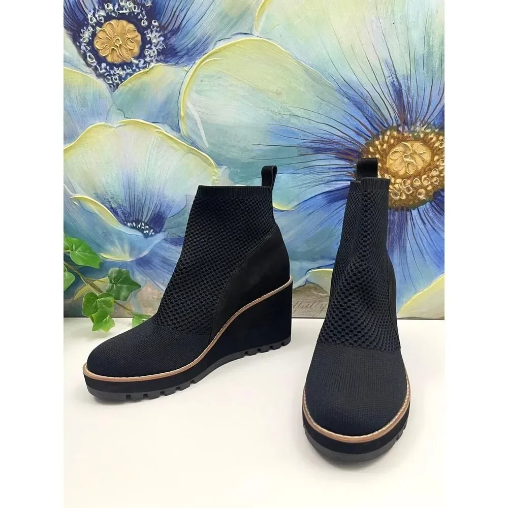 Eileen Fisher Quill Stretch Knit Wedge Booties in Black Size 7.5